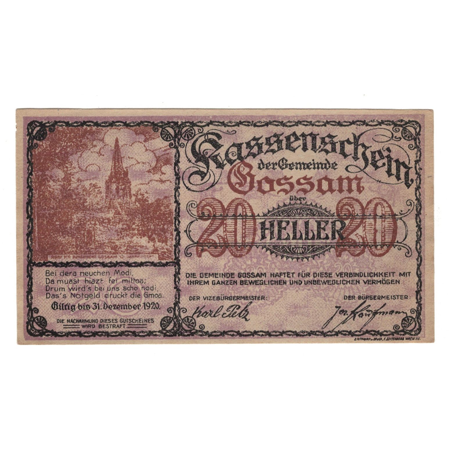 Billete, Austria, Gossam N.Ö. Gemeinde, 20 Heller, N.D, 1920, 1920-12-31, EBC
