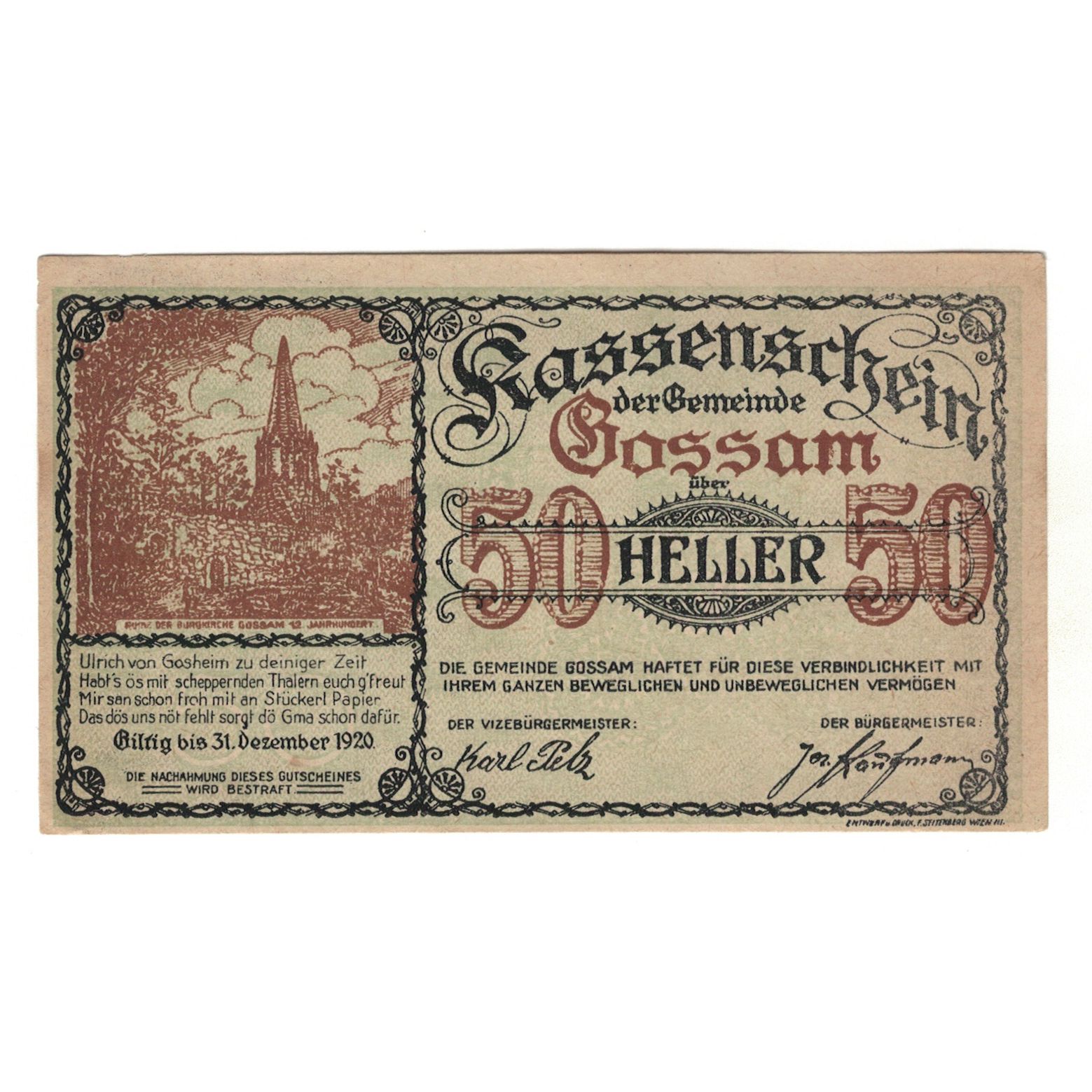 Billete, Austria, Gossam N.Ö. Gemeinde, 50 Heller, N.D, 1920, 1920-12-31, EBC