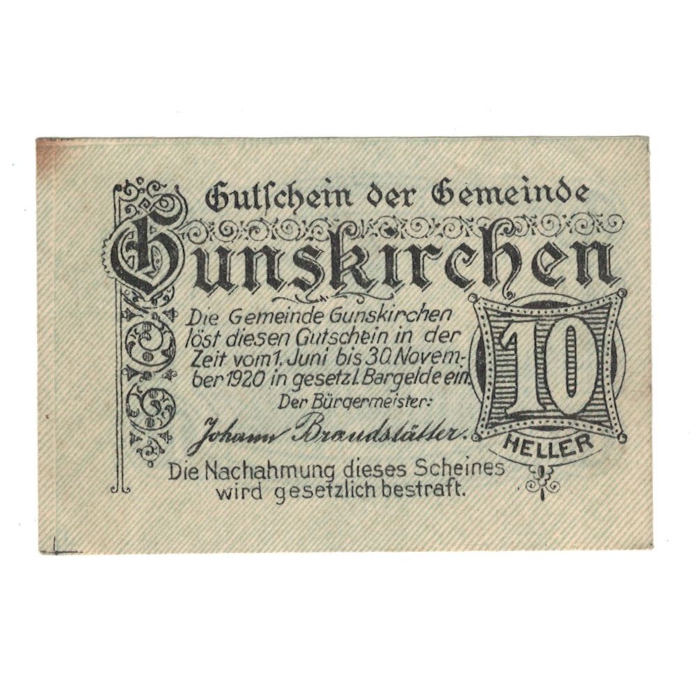 Billete, Austria, Gunskirchen O.Ö. Gemeinde, 10 Heller, Batiment, 1920