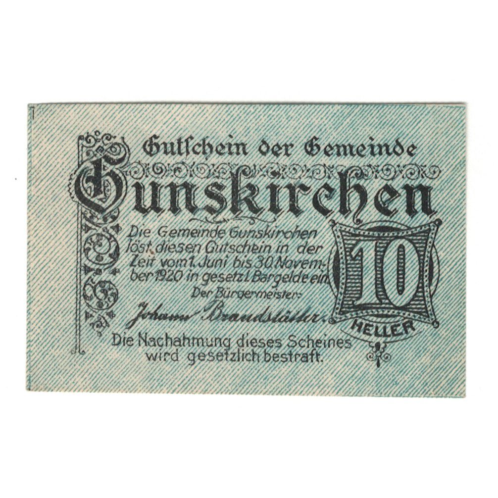 Billete, Austria, Gunskirchen O.Ö. Gemeinde, 10 Heller, batiment 1, 1920