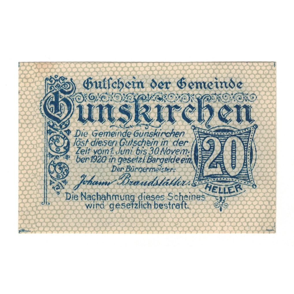 Billete, Austria, Gunskirchen O.Ö. Gemeinde, 20 Heller, Batiment, 1920