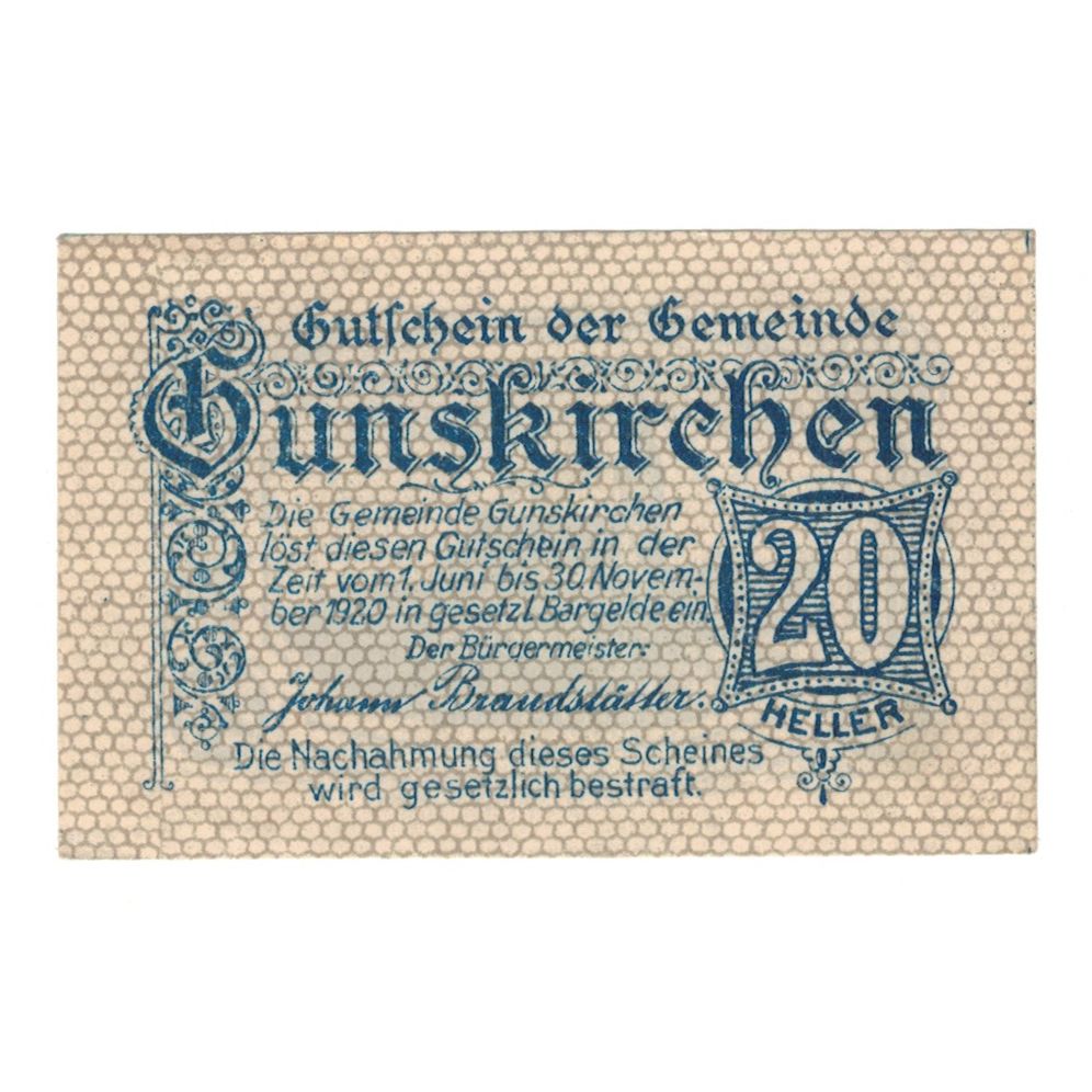 Billete, Austria, Gunskirchen O.Ö. Gemeinde, 20 Heller, batiment 1, 1920
