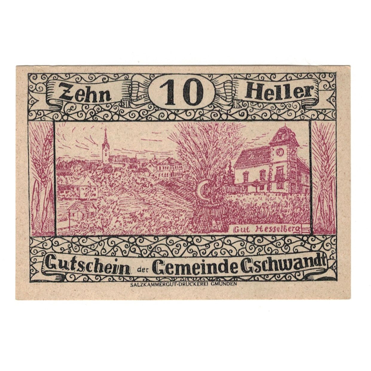 Billete, Austria, Gschwandt O.Ö. Gemeinde, 10 Heller, texte 1, 1920