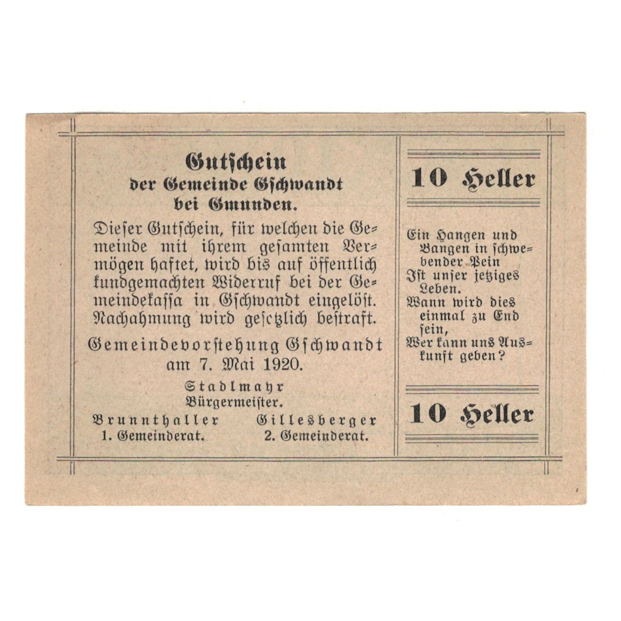 Billete, Austria, Gschwandt O.Ö. Gemeinde, 10 Heller, texte 1, 1920