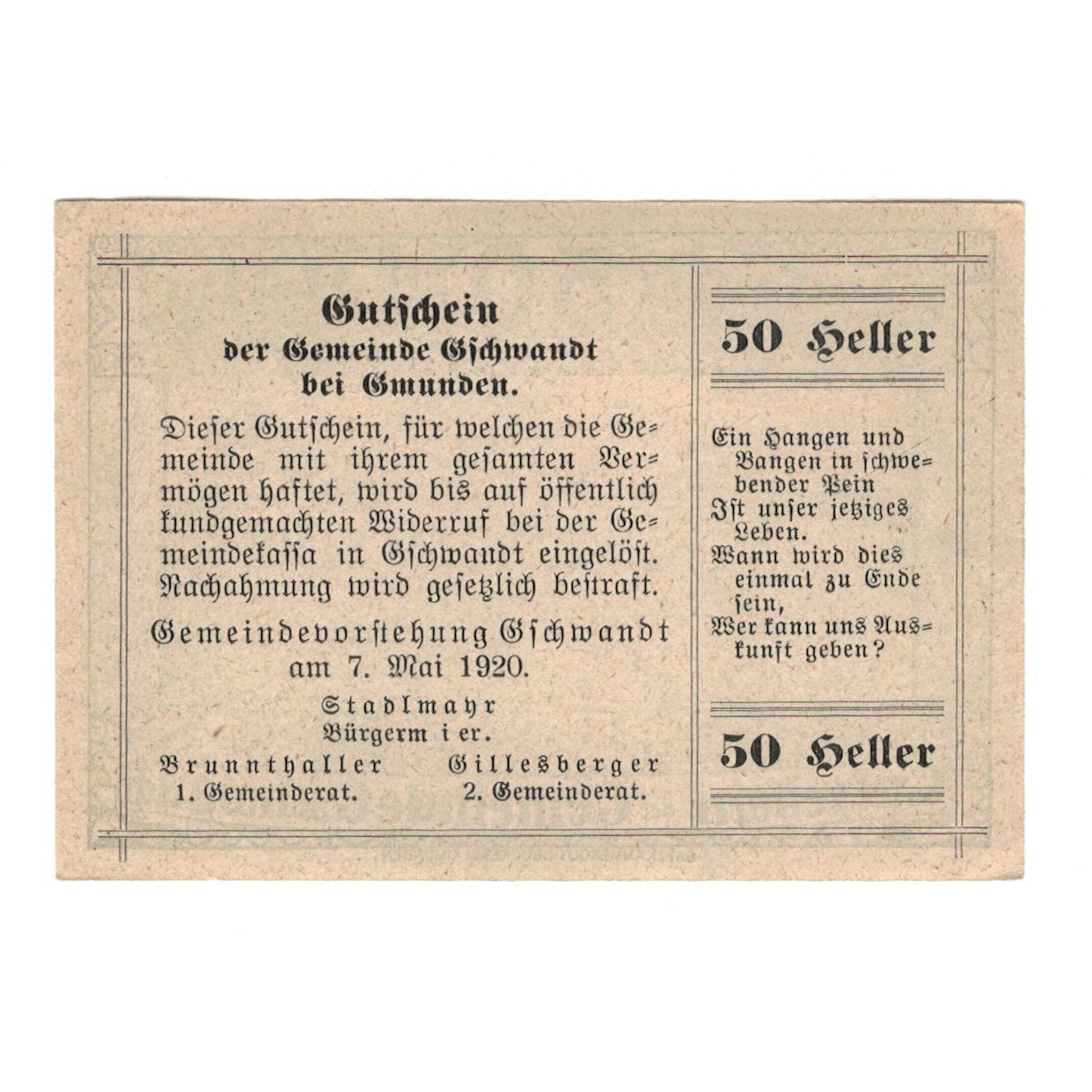 Billete, Austria, Gschwandt O.Ö. Gemeinde, 50 Heller, Texte, 1920, 1920-05-07