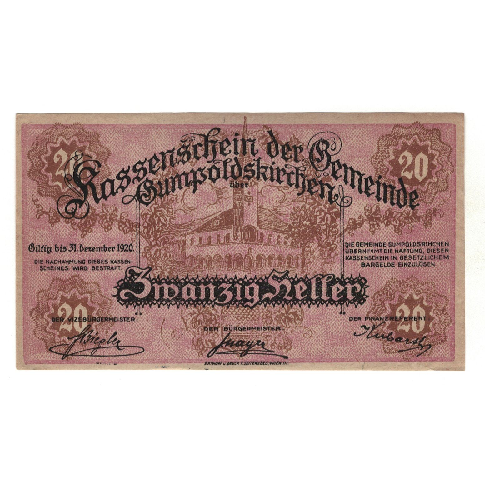 Billete, Austria, Gumpoldskirchen N.Ö. Gemeinde, 20 Heller, N.D, 1920