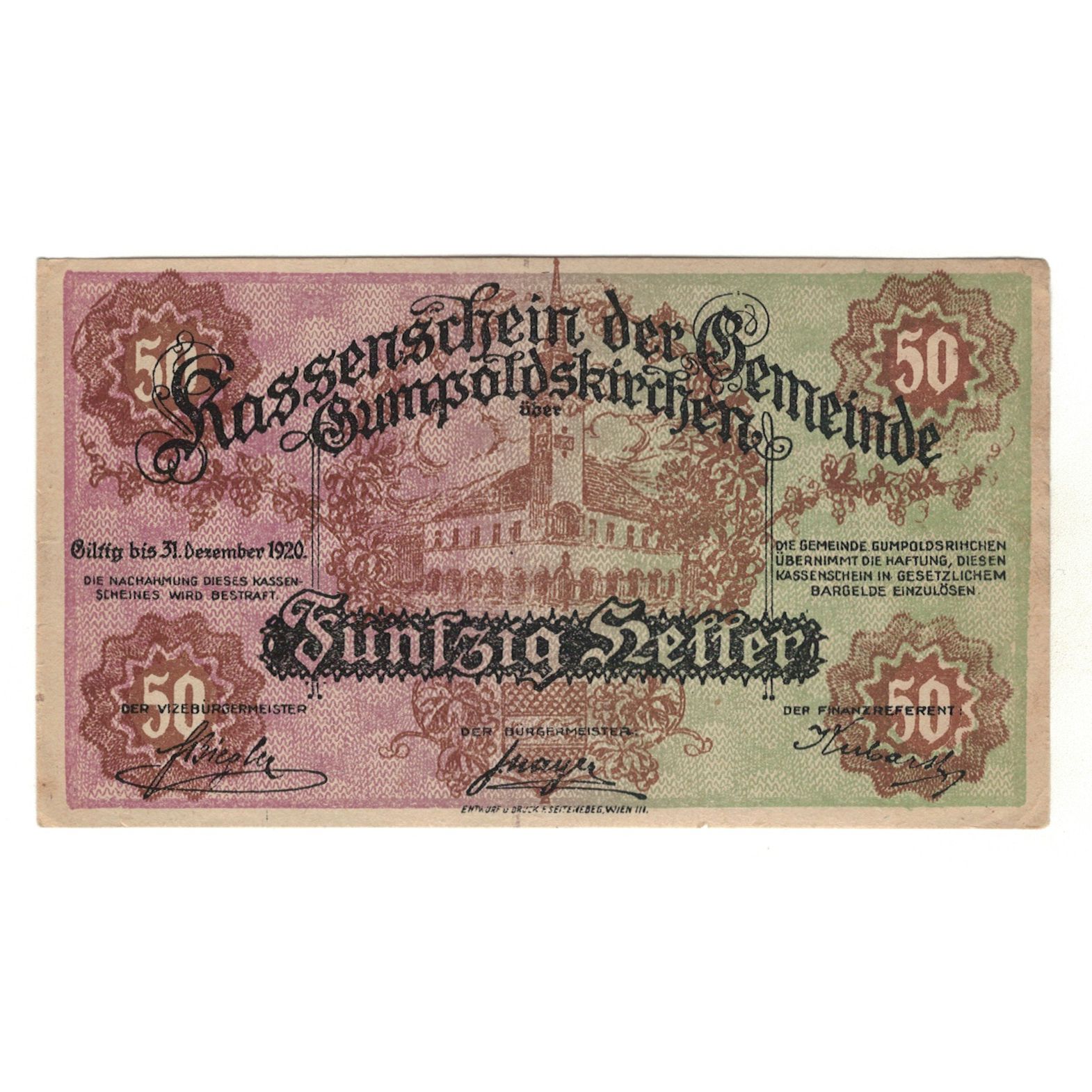 Billete, Austria, Gumpoldskirchen N.Ö. Gemeinde, 50 Heller, N.D, 1920