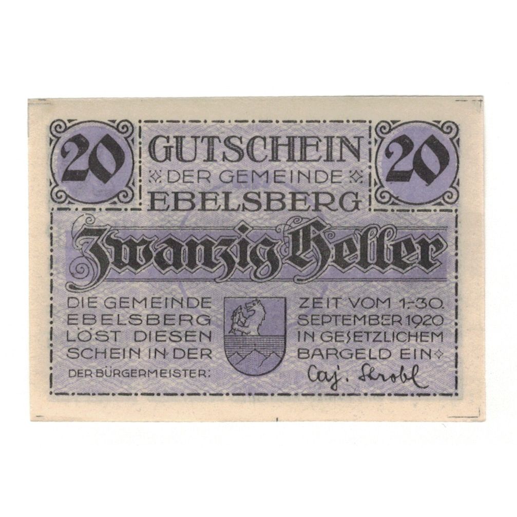 Billete, Austria, Ebelsberg O.Ö. Gemeinde, 20 Heller, Batiment, 1920