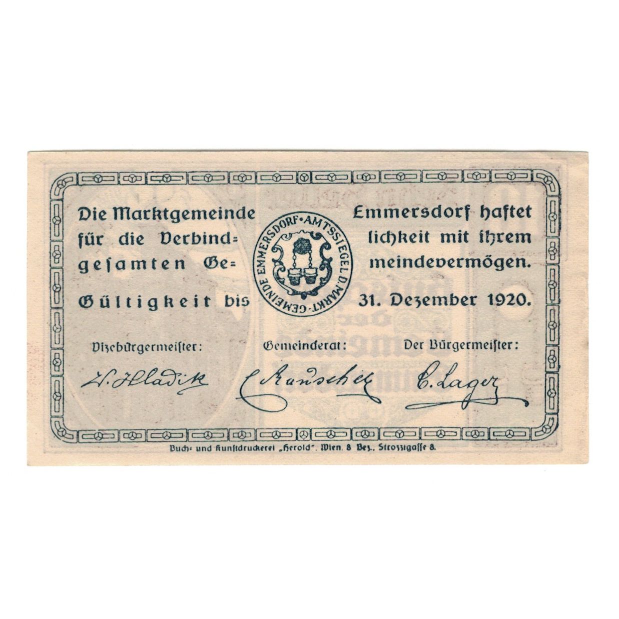 Billete, Austria, Emmersdorf N.Ö. Gemeinde, 10 Heller, Texte 2, 1920