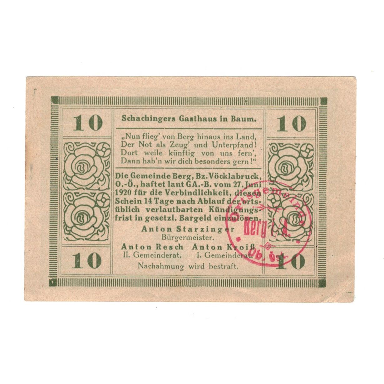 Billete, Austria, Sonnberg O.Ö. Gemeinde, 10 Heller, Texte, 1920, 1920-06-27