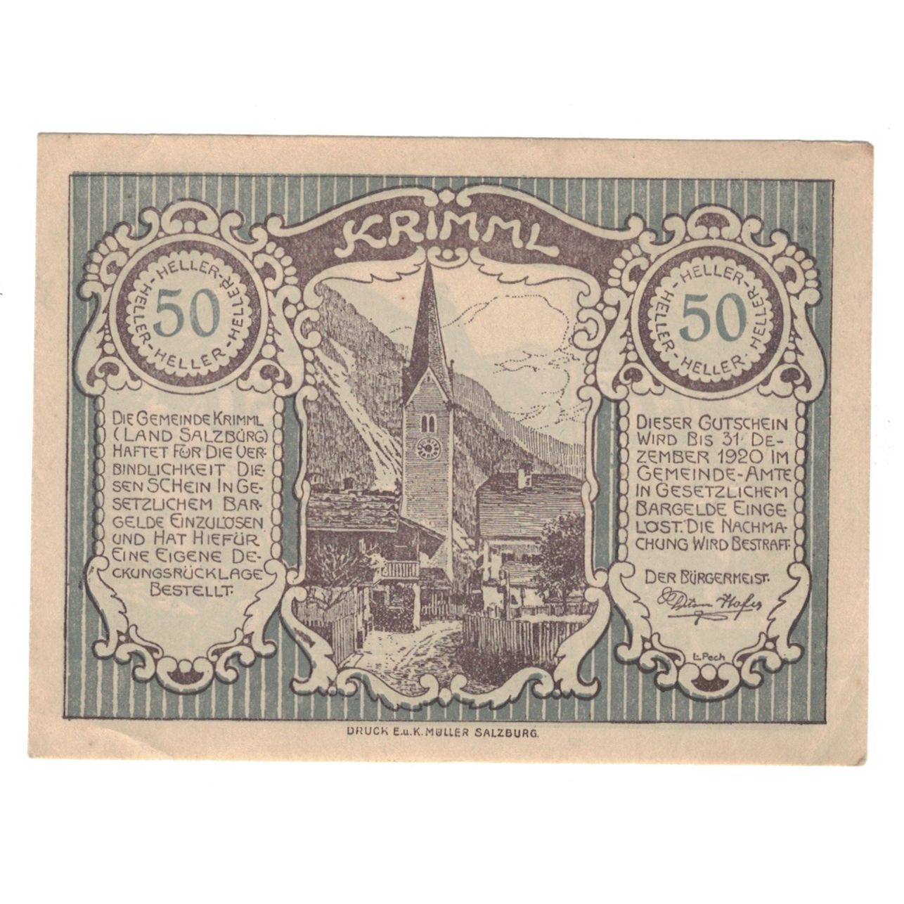 Billete, Austria, Krimml Sbg. Gemeinde, 50 Heller, statue, 1920, 1920-12-31