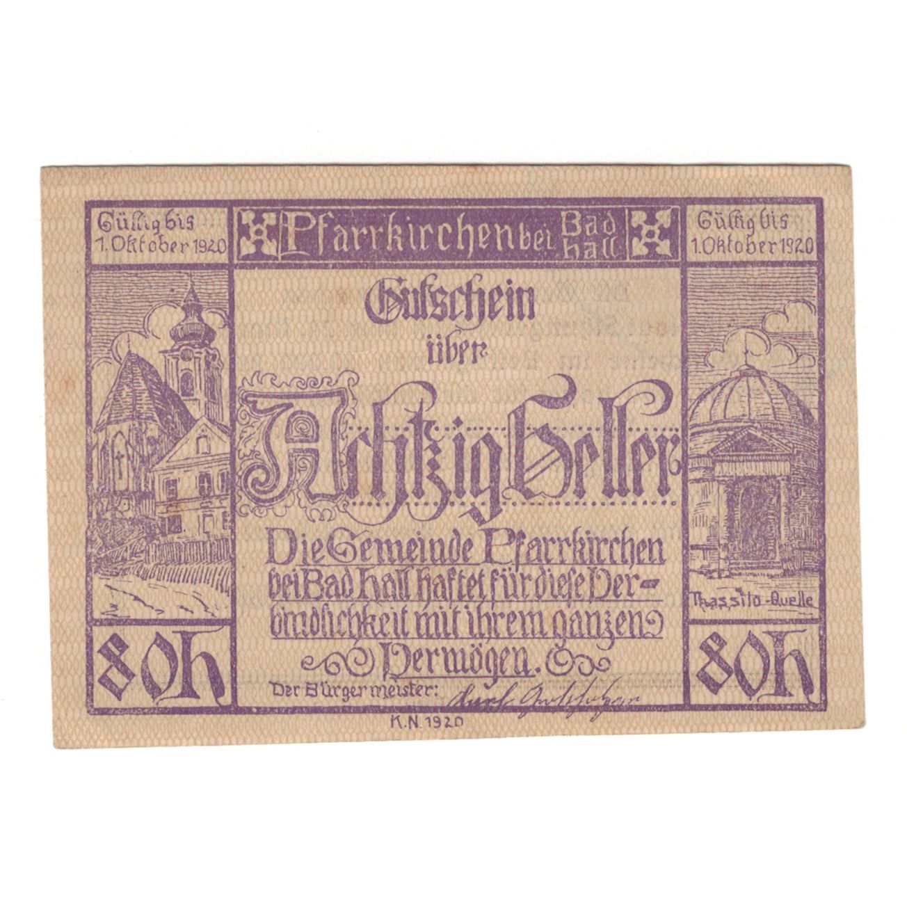 Billete, Austria, Pfarrkirchen bei Bad Hall O.Ö. Gemeinde, 80 Heller, Texte