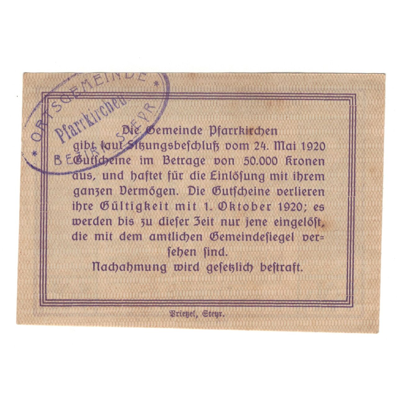 Billete, Austria, Pfarrkirchen bei Bad Hall O.Ö. Gemeinde, 80 Heller, Texte