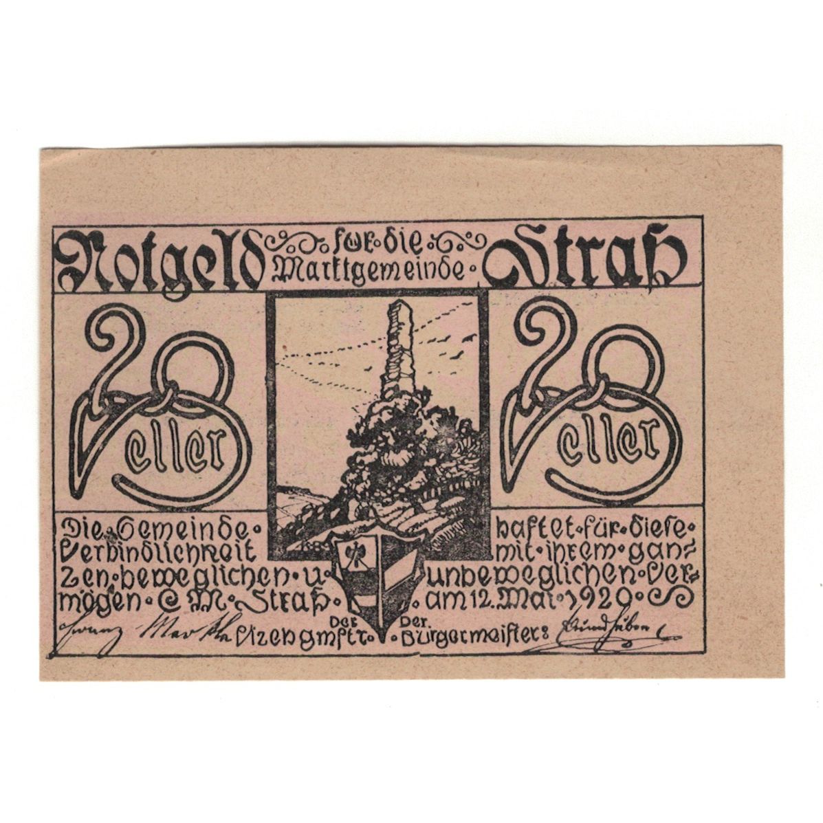 Billete, Austria, Straß N.Ö. Marktgemeinde, 20 Heller, texte 1, 1920