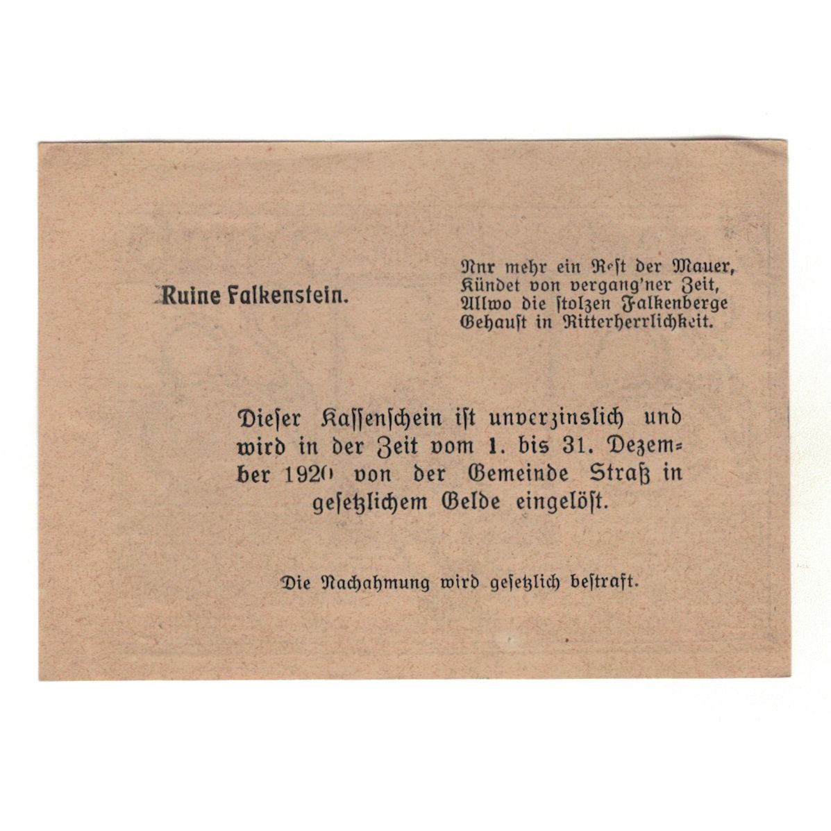 Billete, Austria, Straß N.Ö. Marktgemeinde, 20 Heller, texte 1, 1920