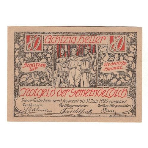 Billete, Austria, Loich N.Ö. Gemeinde, 80 Heller, Texte 4, 1920, 1920-07-31