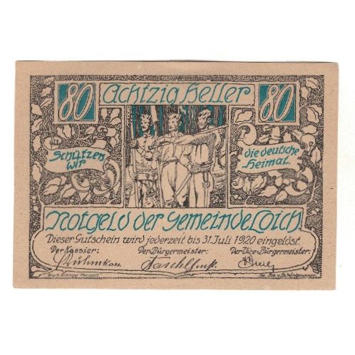 Billete, Austria, Loich N.Ö. Gemeinde, 80 Heller, Texte 7, 1920, 1920-07-31