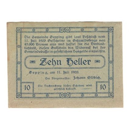 Billete, Austria, Öpping O.Ö. Gemeinde, 10 Heller, Texte, 1920, 1920-07-11
