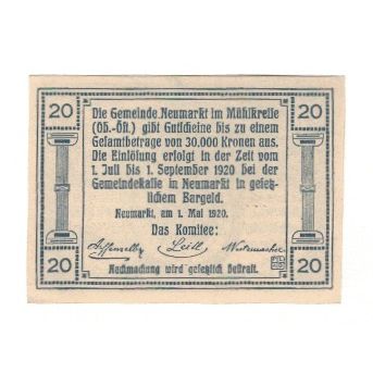 Billete, Austria, Eferding O.Ö. Stadtgemeinde, 20 Heller, paysage, 1920