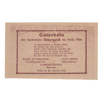 Billete, Austria, Zehetgrub N.Ö. Gemeinde, 50 Heller, Texte, 1920, 1920-10-30