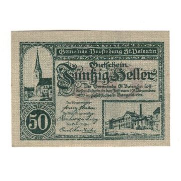 Billete, Austria, St. Valentin N.Ö. Gemeinde, 50 Heller, Monument, 1920