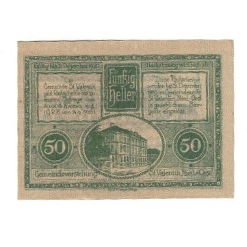 Billete, Austria, St. Valentin N.Ö. Gemeinde, 50 Heller, Monument, 1920