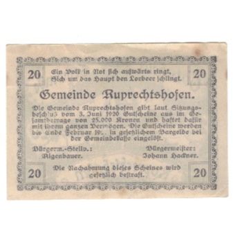 Billete, Austria, Ruprechtshofen, 20 Heller, Texte, 1920, 1920-06-03, EBC