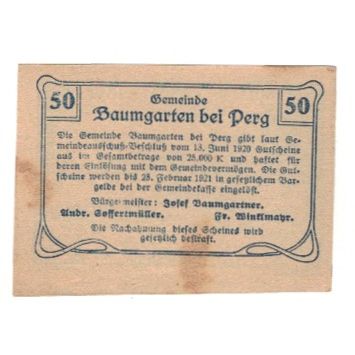 Billete, Austria, Baumgarten O.Ö. Gemeinde, 50 Heller, Texte, 1920, 1921-02-28