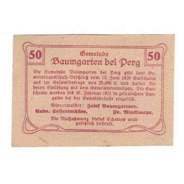 Billete, Austria, Baumgarten O.Ö. Gemeinde, 50 Heller, texte 1, 1920