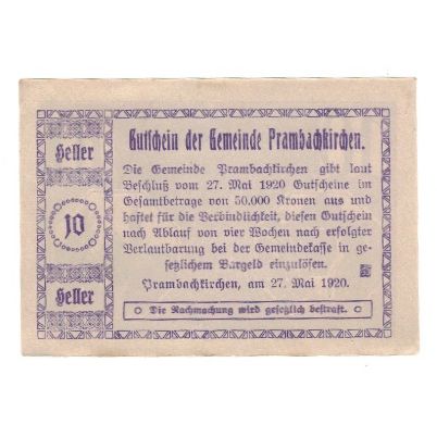 Billete, Austria, Prambachkirchen O.Ö. Gemeinde, 10 Heller, Texte, 1920