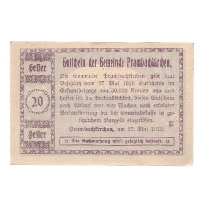 Billete, Austria, Prambachkirchen O.Ö. Gemeinde, 20 Heller, Texte, 1920