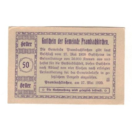 Billete, Austria, Prambachkirchen O.Ö. Gemeinde, 50 Heller, Texte, 1920