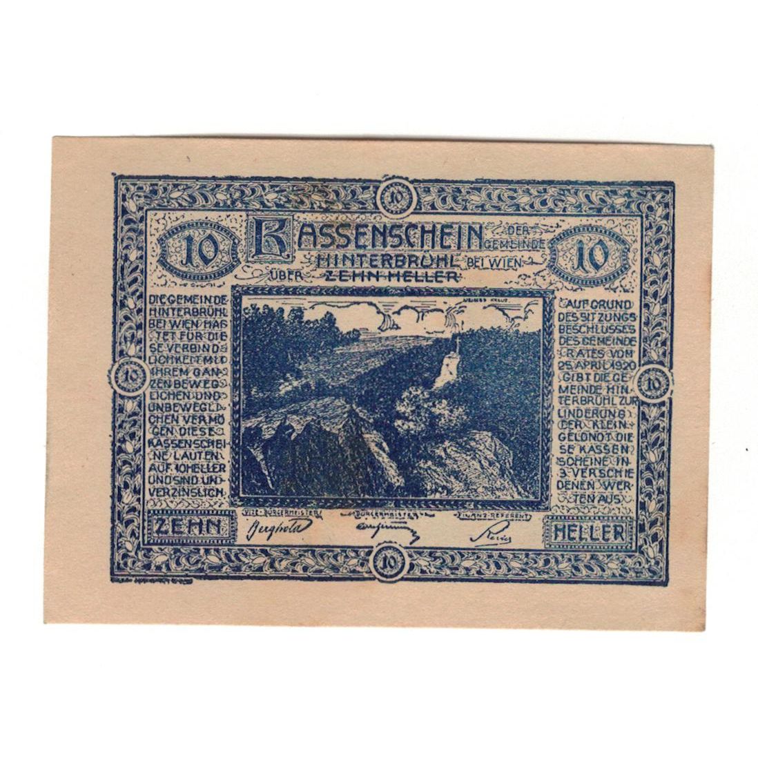 Billete, Austria, Hinterbrühl N.Ö. Gemeinde, 10 Heller, château, 1920