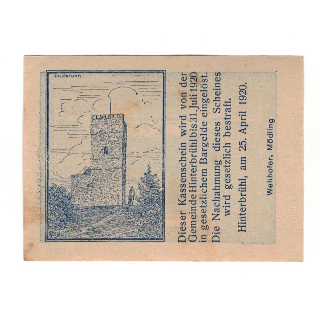 Billete, Austria, Hinterbrühl N.Ö. Gemeinde, 10 Heller, château, 1920
