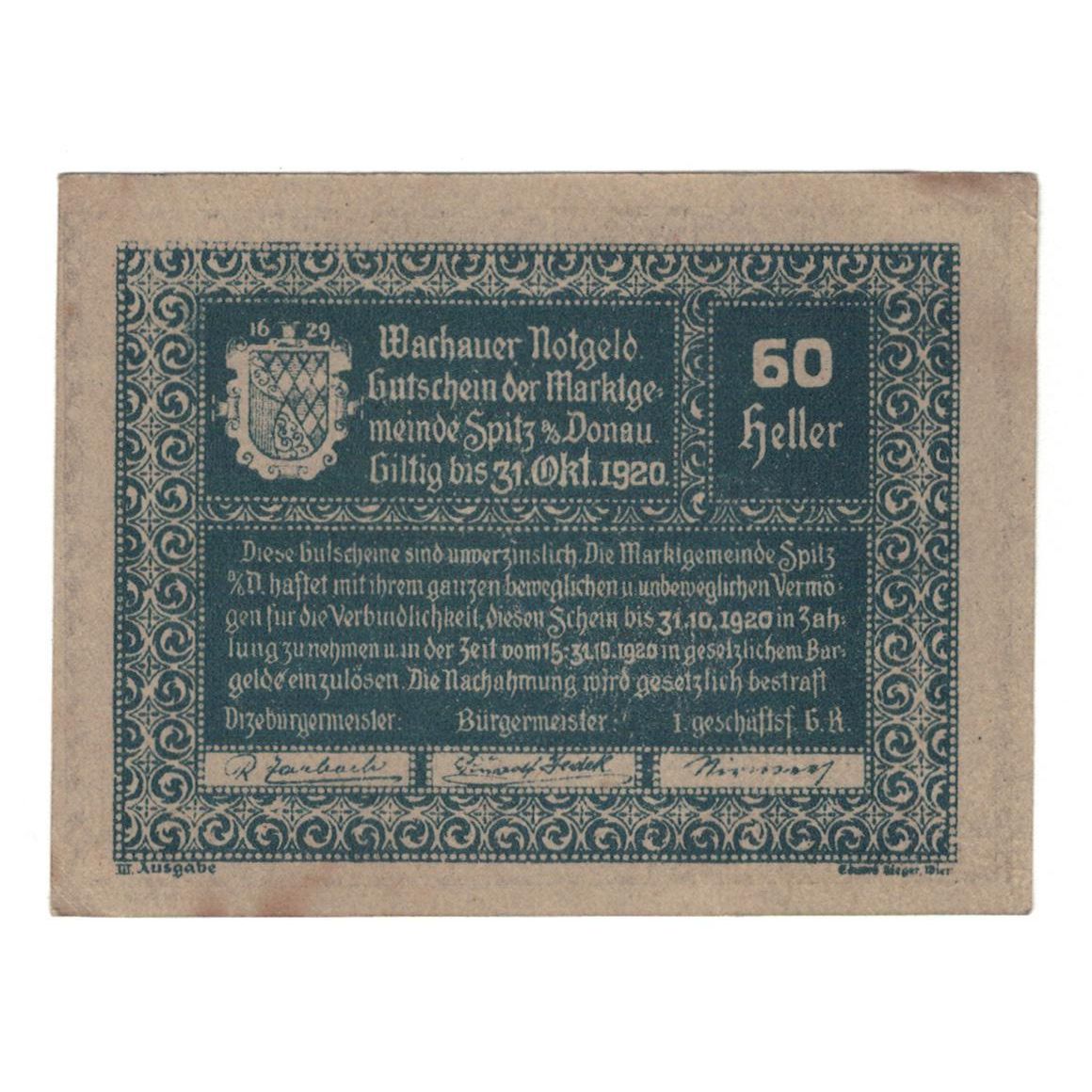Billete, Austria, Wachauer Notgeld N.Ö. Gemeinden, 60 Heller, Texte, 1920