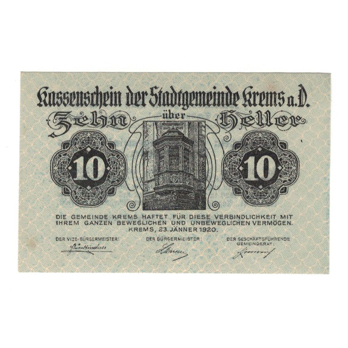 Billete, Austria, Krems N.Ö. Stadtgemeinde, 10 Heller, Texte, 1920, 1920-08-31