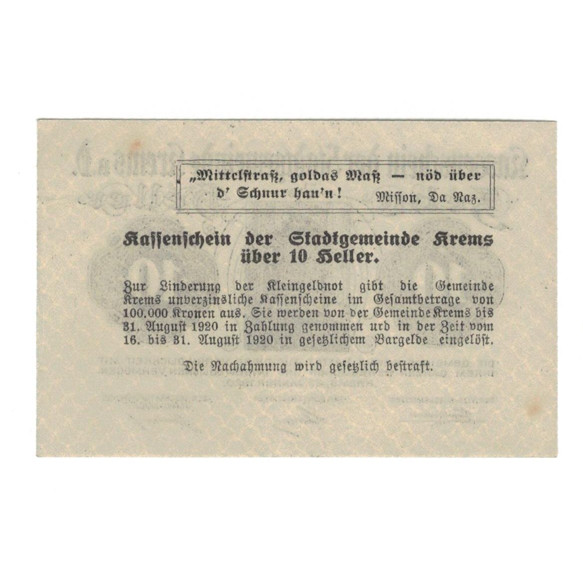 Billete, Austria, Krems N.Ö. Stadtgemeinde, 10 Heller, Texte, 1920, 1920-08-31