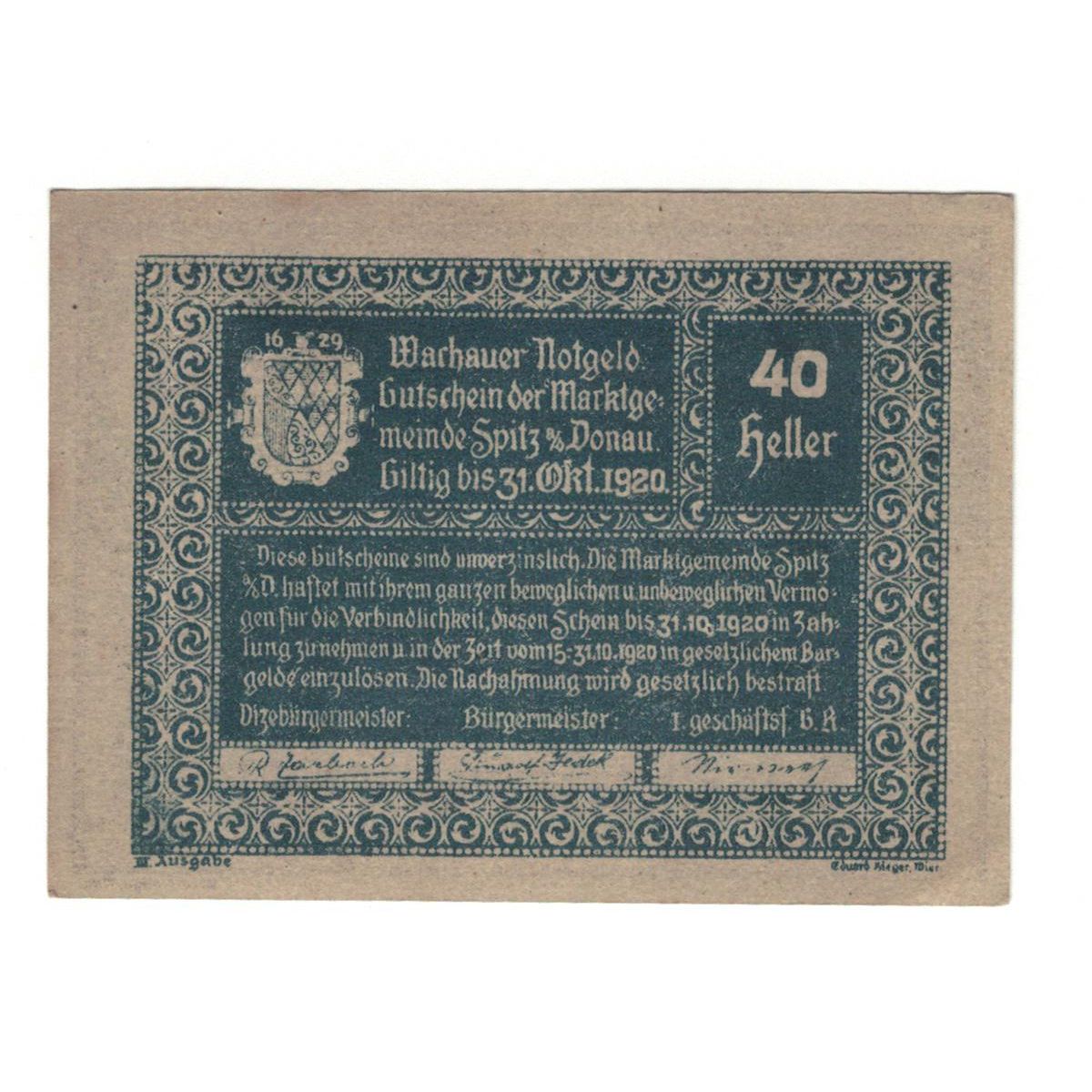 Billete, Austria, Wachauer Notgeld - Spitz - Kirche N.Ö. Gemeinde, 40 Heller
