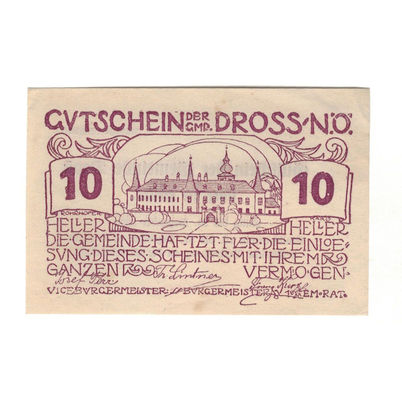 Billete, Austria, Dross N.Ö. Gemeinde, 10 Heller, Texte, 1920, 1920-12-31, EBC