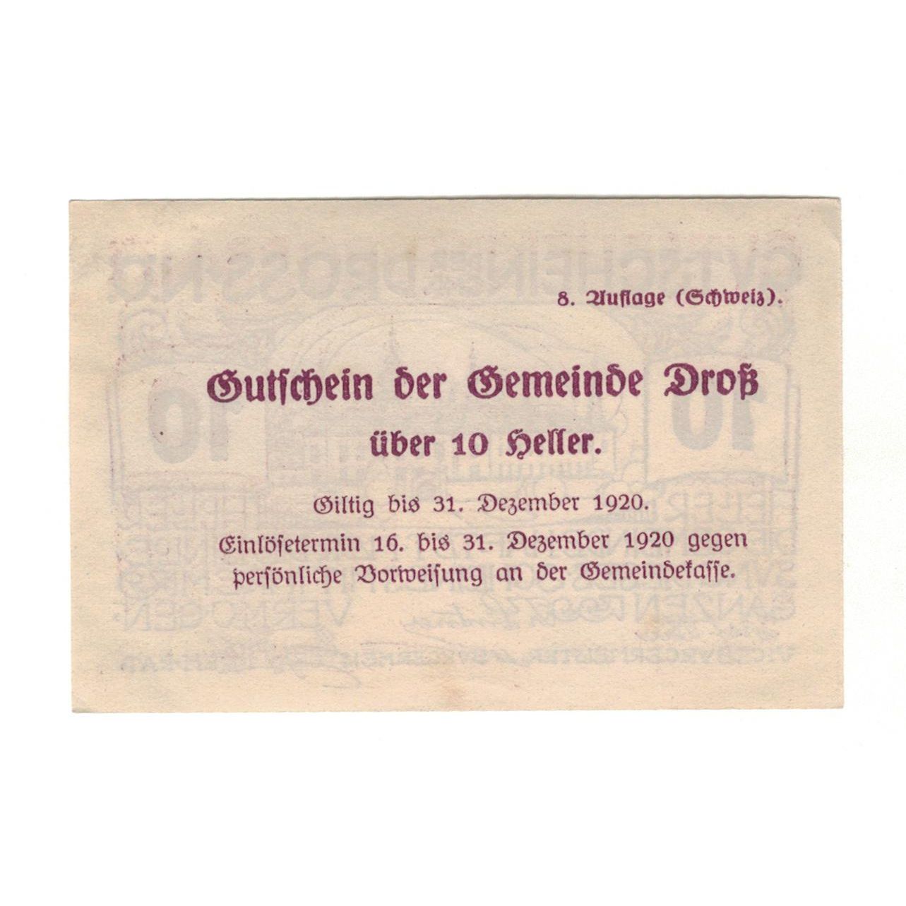 Billete, Austria, Dross N.Ö. Gemeinde, 10 Heller, Texte, 1920, 1920-12-31, EBC