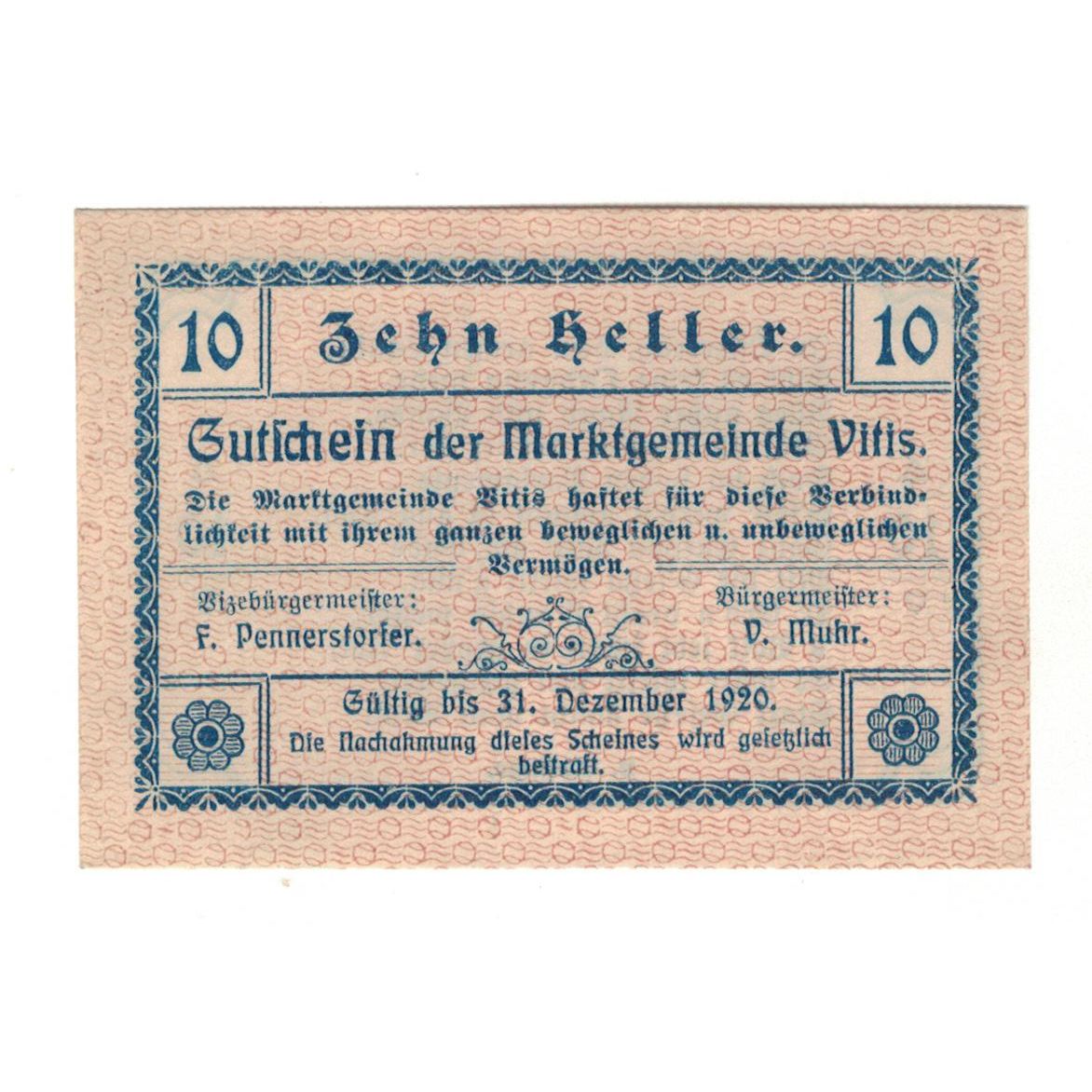 Billete, Austria, 10 Heller, Texte, 1920, 1920-12-31, EBC, Mehl:FS 1115II