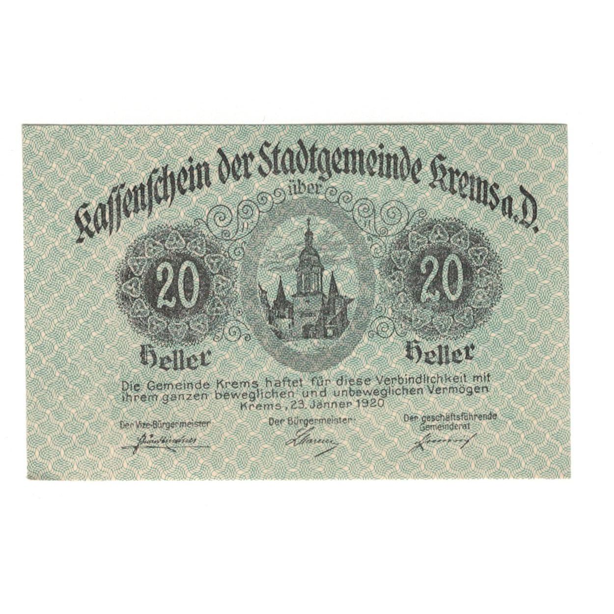 Billete, Austria, Krems N.Ö. Stadtgemeinde, 20 Heller, Texte, 1920, 1920-08-31
