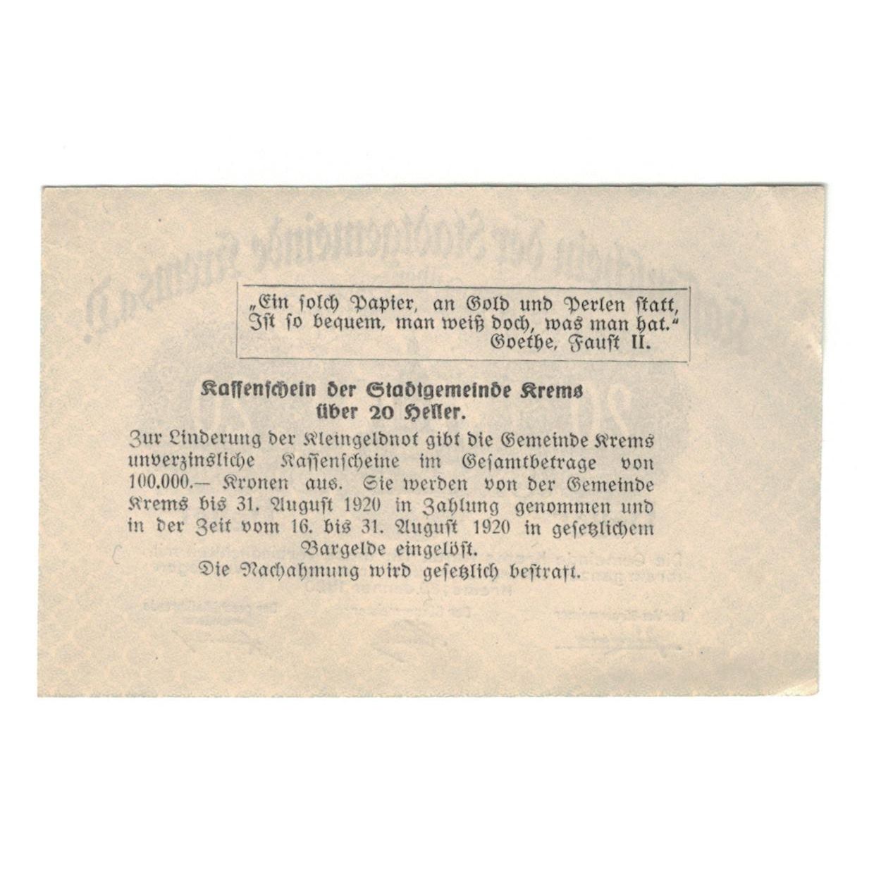 Billete, Austria, Krems N.Ö. Stadtgemeinde, 20 Heller, Texte, 1920, 1920-08-31
