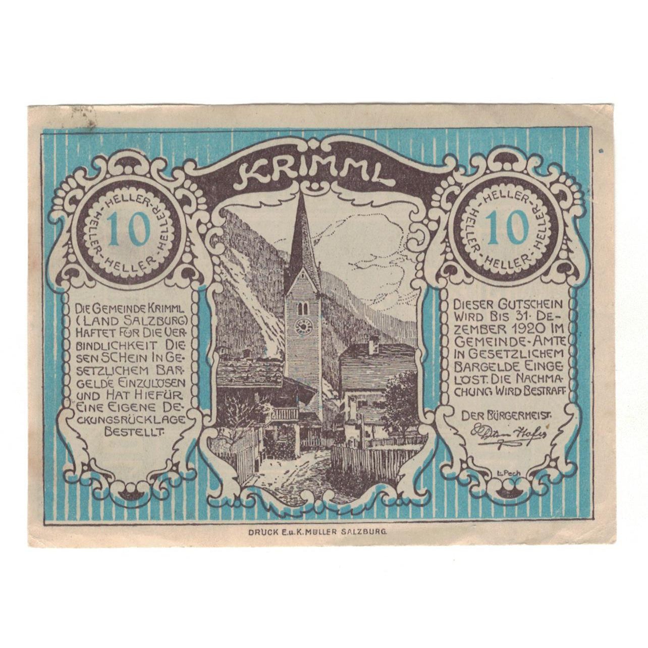 Billete, Austria, Krimml Sbg. Gemeinde, 10 Heller, paysage, 1920, 1920-12-31