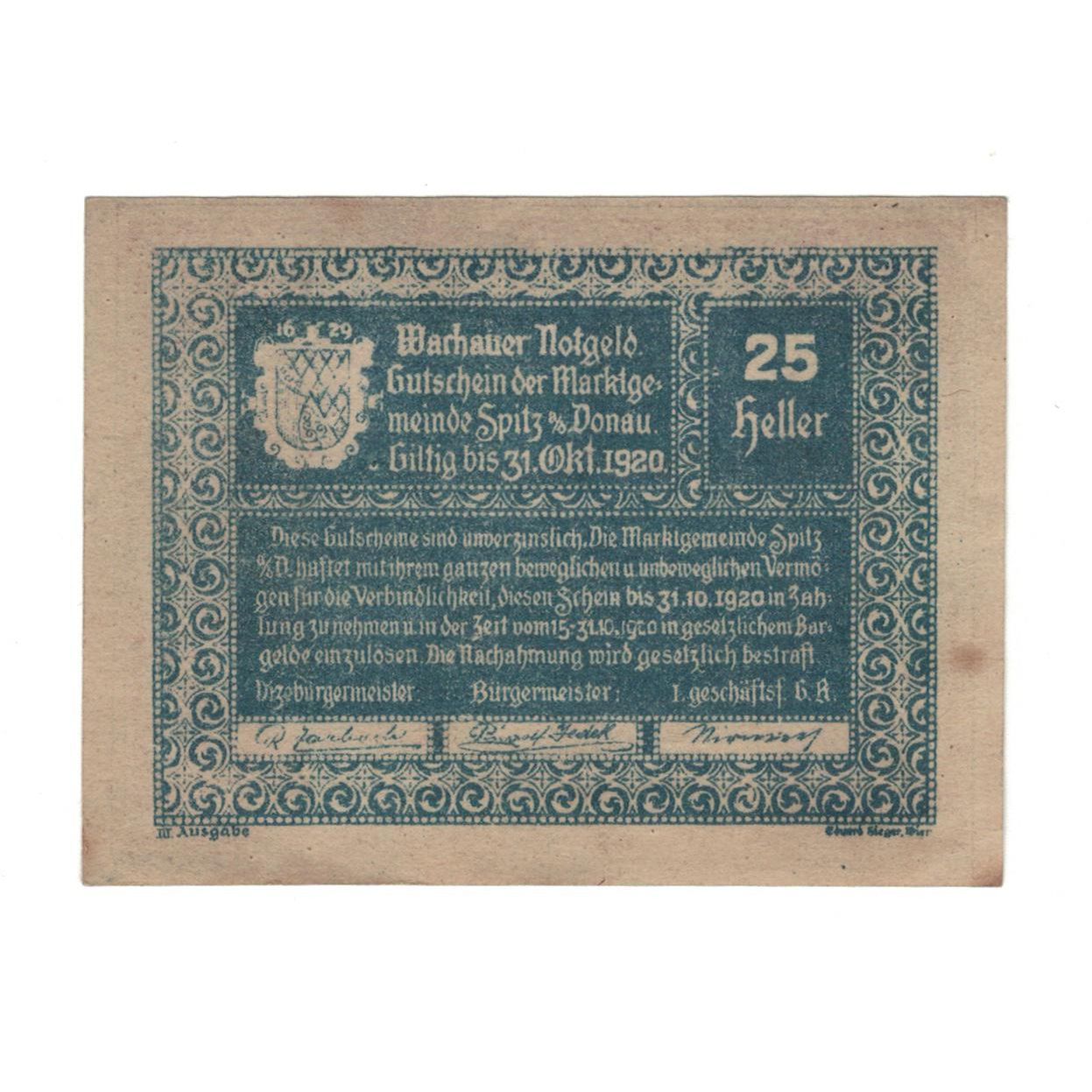 Billete, Austria, Wachauer Notgeld Mitter-Arnsdorf Gemeinde, 25 Heller, Texte