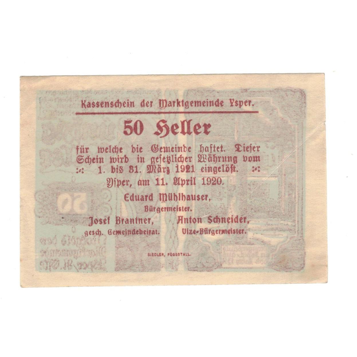 Billete, Austria, Ysper N.Ö. Marktgemeinde, 50 Heller, Texte, 1920, 1921-03-31