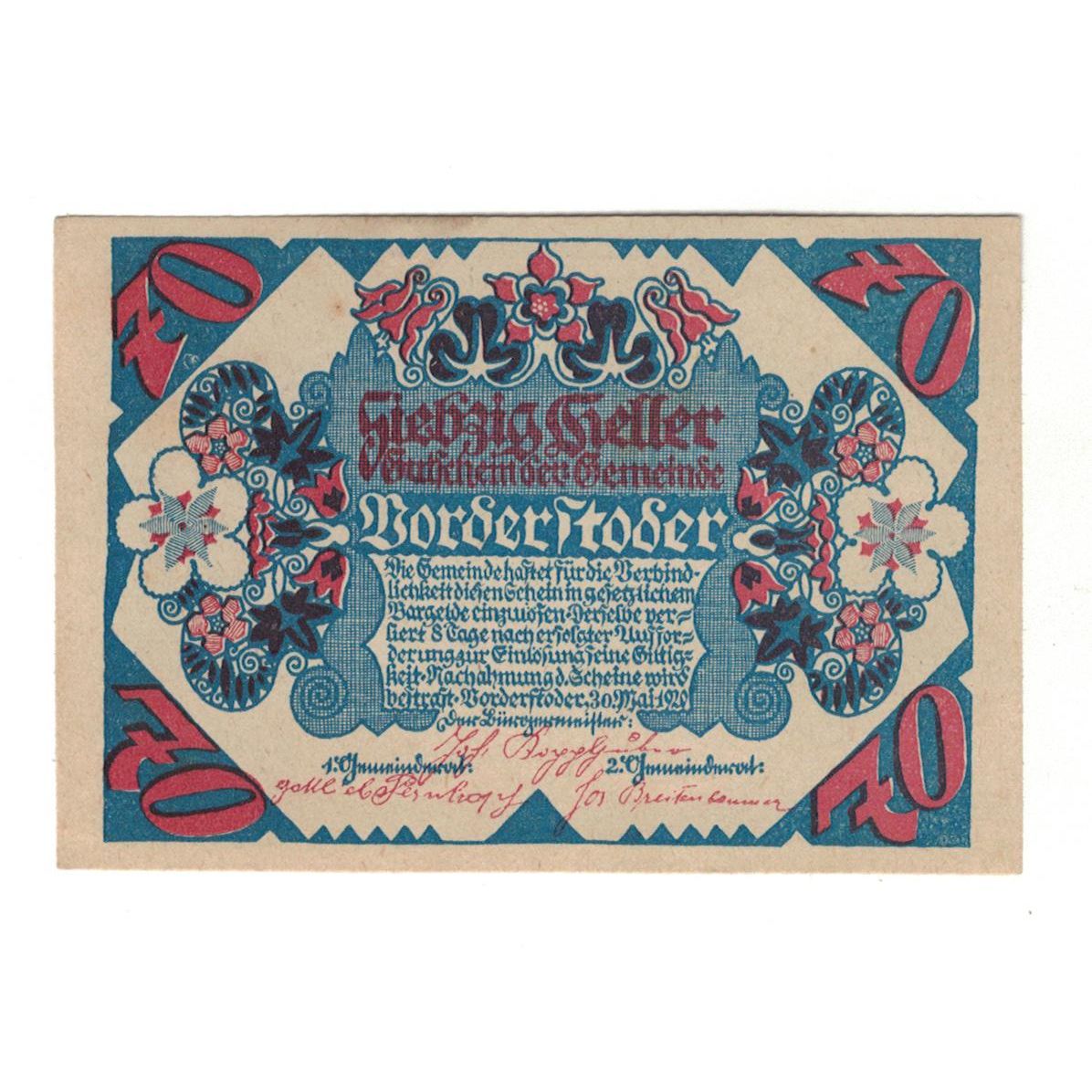 Billete, Austria, Vorderstoder O.Ö. Gemeinde, 70 Heller, paysage, 1920