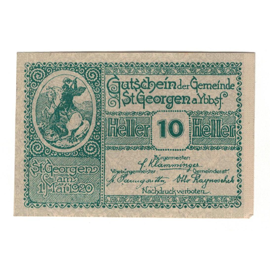 Billete, Austria, St. Georgen am Ybbsfeld N.Ö. Gemeinde, 10 Heller, Texte