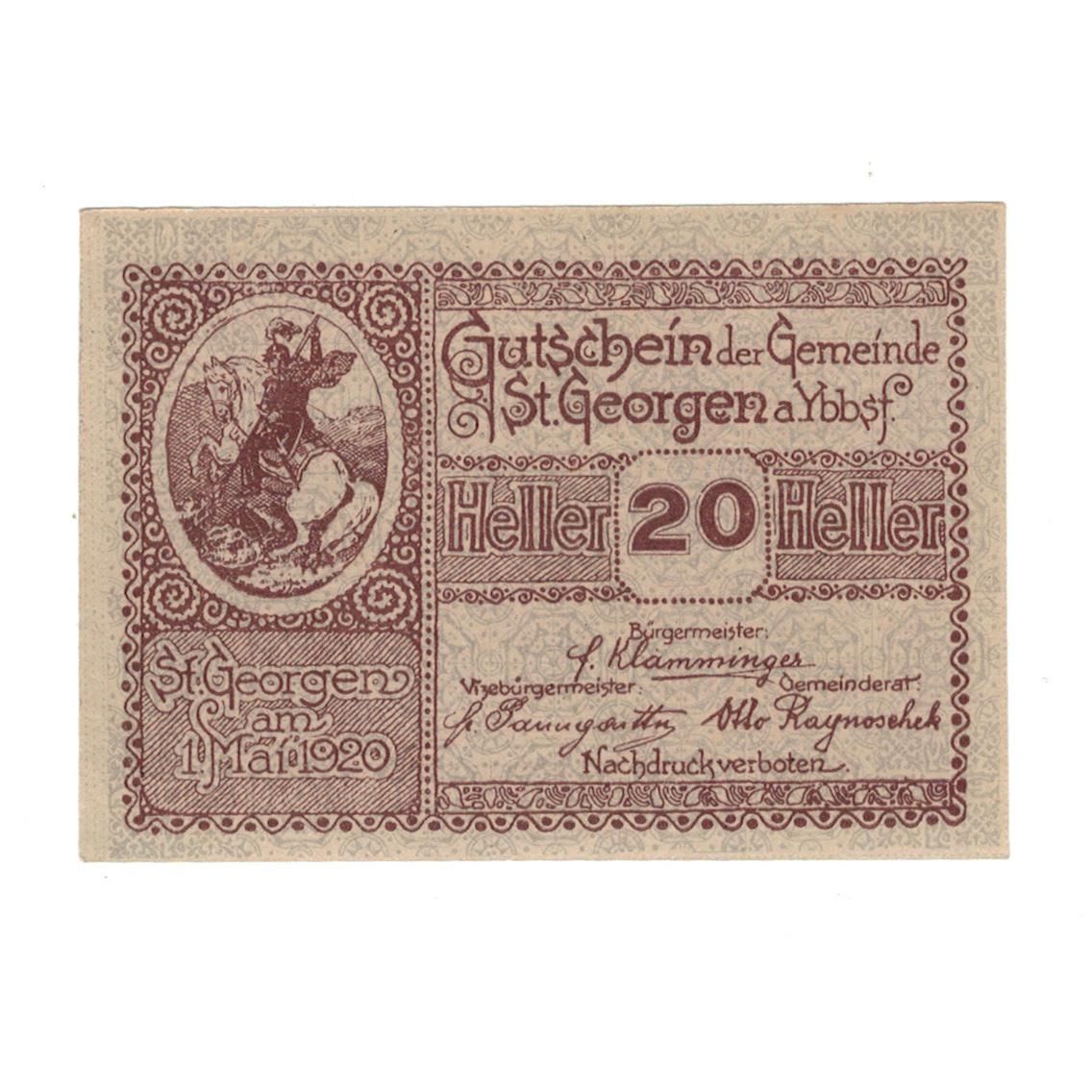 Billete, Austria, St. Georgen am Ybbsfeld N.Ö. Gemeinde, 20 Heller, Texte