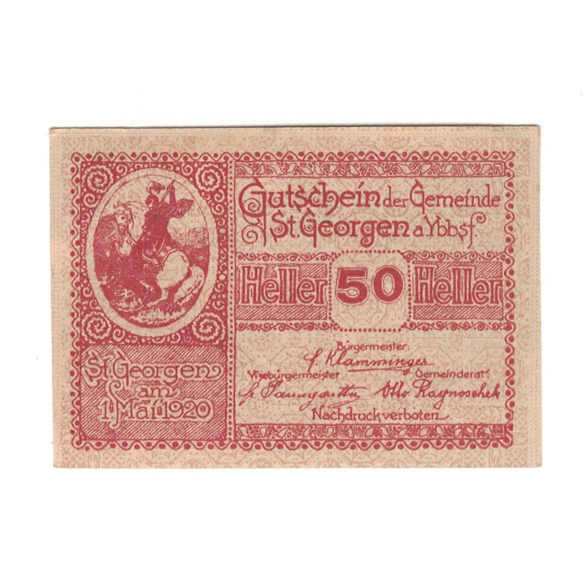 Billete, Austria, St. Georgen am Ybbsfeld N.Ö. Gemeinde, 50 Heller, Texte